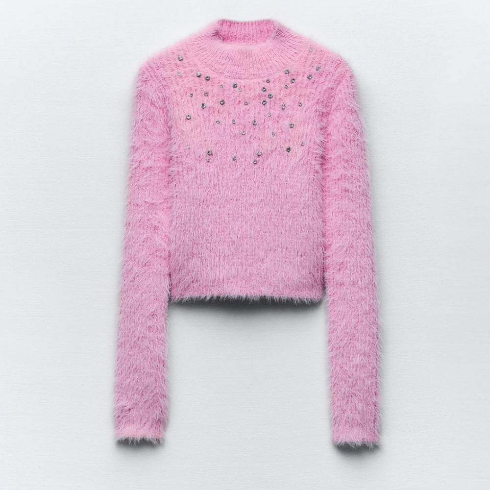 Zara Chic Pink Fuzzy Sweater with Embellishments